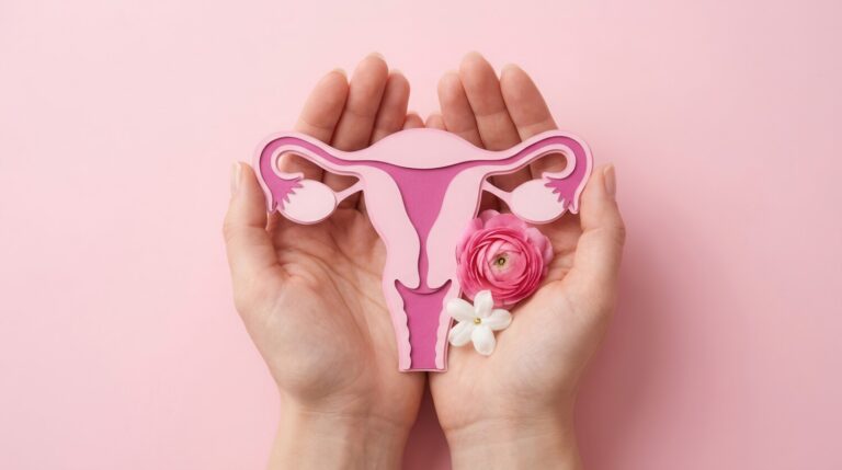 Woman holding a uterus model with pink flowers for reproductive health.