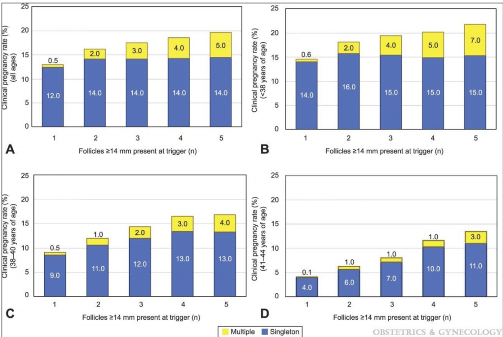 klinisk graviditet og singleton og multiple graviditetsrater pr.intrauterin insemination (IUI) hos patienter i alle aldre (A) og hos patienter under 38 år (B), 38-40 år (C) og 41-44 år (D). Den samlede højde af hver kolonne repræsenterer den samlede kliniske graviditetsrate pr.IUI baseret på follikelnummer og yderligere opdelt i Singleton (blå) og flere (gule) graviditeter pr. De gule søjler er også den absolutte risiko for en multipel drægtighed pr IUI, yderligere kategoriseret efter antal follikler (1-5), der er 14 mm eller større på dagen for ægløsning udløser. Generaliserede estimeringsligninger blev brugt til at justere for flere cyklusser pr.Evans. Intrauterin Insemination, patientens alder og multipel risiko. Obstet Gynecol 2020.