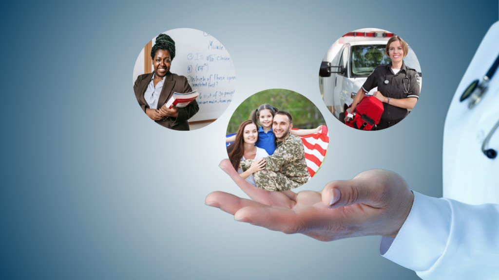 doctor with palm up with pictures of a teacher, first responder and military family