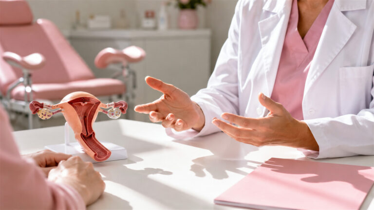 Doctor explaining a reproductive anatomy model to a patient during a consultation